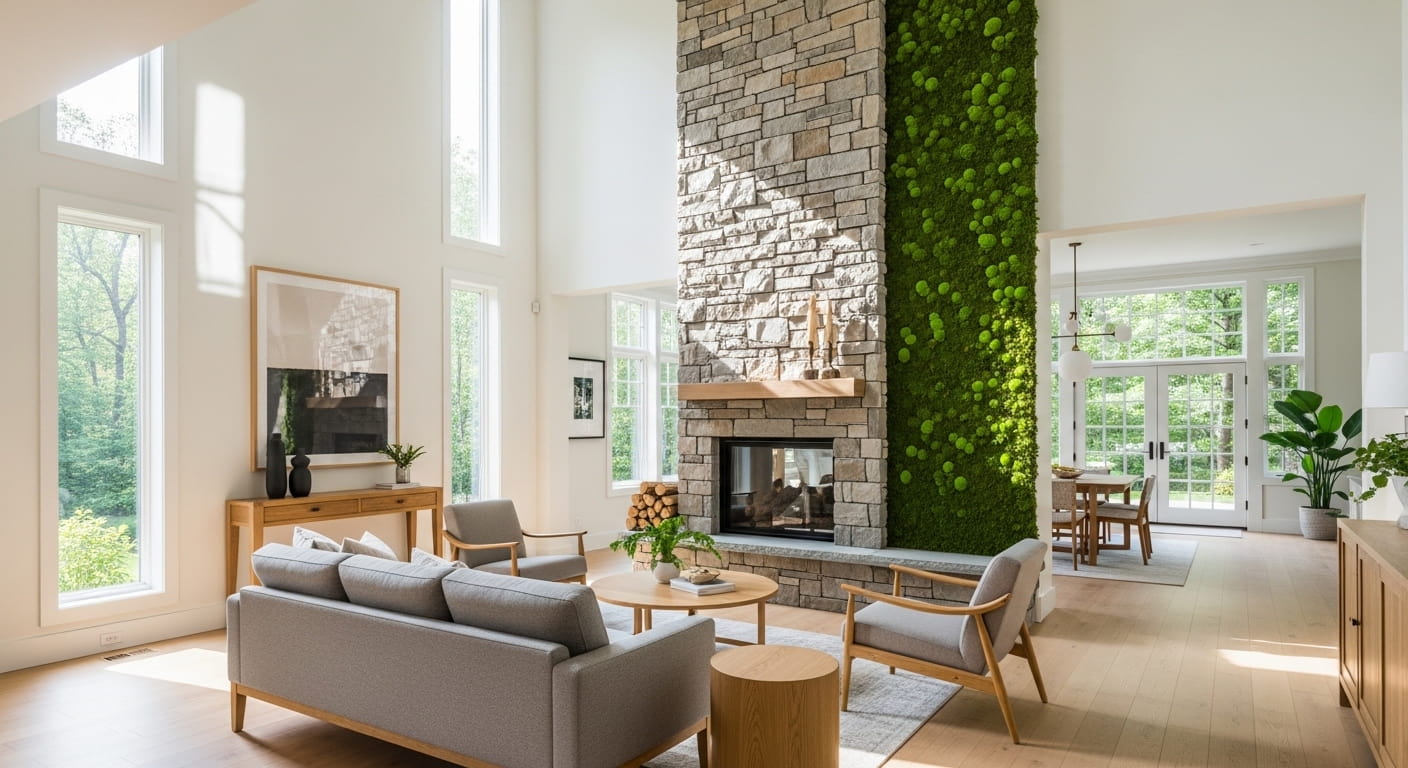 Full House lottery dream home interior with fireplace and moss wall